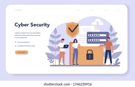 Cyber or web security web banner or landing page. Idea of digital data protection and safety. Modern technology and virtual crime. Protection information in internet. Flat vector illustration