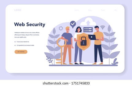 Cyber or web security web banner or landing page. Idea of digital data protection and safety. Modern technology and virtual crime. Protection information in internet. Flat vector illustration