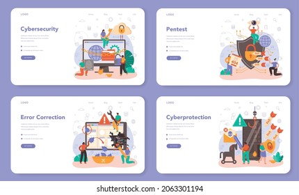 Cyber or web security web banner or landing page set. Digital data protection and database safety. Bugs correction, pentesting and cyberattack prevention. Flat vector illustration