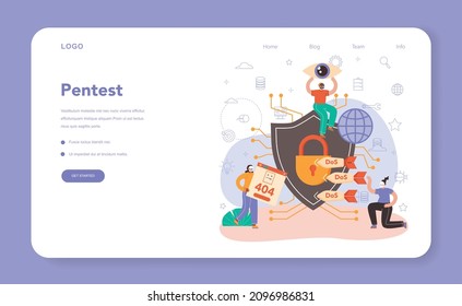 Cyber or web security web banner or landing page. Digital data protection and database safety. Bugs correction, pentesting and cyberattack prevention. Flat vector illustration