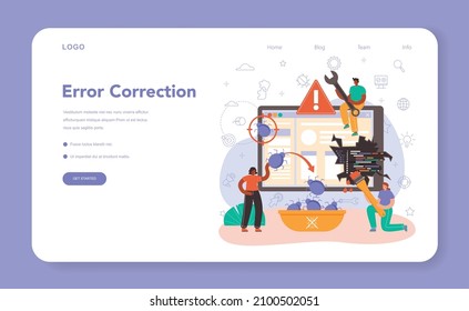Banner web de seguridad cibernética o web o página de inicio. Protección digital de datos y seguridad de bases de datos. Corrección de errores, penteo y prevención de ciberataques. Ilustración vectorial plana
