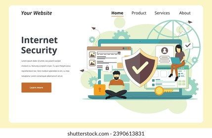 Cyber or web security web banner or landing page. Idea of digital data protection and safety. Modern technology and virtual crime. Protection information in internet. Flat vector illustration