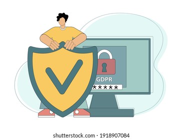 Concepto de seguridad cibernética o web. Cumplimiento de GDPR. Seguridad de los datos personales en Internet. Un hombre sostiene un cartel frente a un monitor de computadora. Ilustración vectorial plana