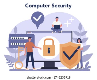 Cyber or web security concept. Idea of digital data protection and safety. Modern technology and virtual crime. Protection information in internet. Flat vector illustration