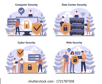 Cyber or web security concept set. Idea of digital data protection and safety. Modern technology and virtual crime. Protection information in internet. Flat vector illustration