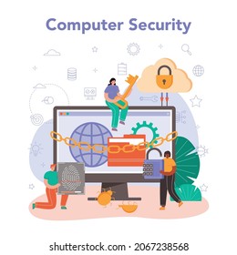 Cyber or web security. Digital data protection and database safety. Bugs correction, pentesting and cyberattack prevention. Protection of an information in the internet. Flat vector illustration