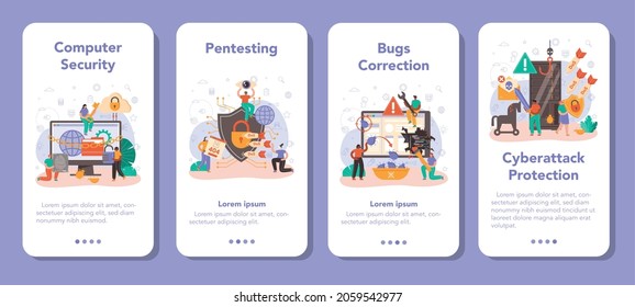 Cyber or web security mobile application banner set. Digital data protection and database safety. Bugs correction, pentesting and cyberattack prevention. Flat vector illustration