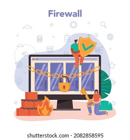 Cyber or web security online service or platform. Digital data protection and database safety. Bugs correction, pentesting and cyberattack prevention. Firewall. Flat vector illustration