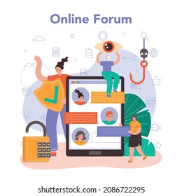 Servicio o plataforma en línea de seguridad cibernética o web. Protección digital de datos y seguridad de bases de datos. Corrección de errores, penteo y prevención de ciberataques. Foro en línea. Ilustración vectorial plana