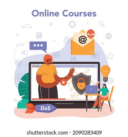 Servicio o plataforma en línea de seguridad cibernética o web. Protección digital de datos y seguridad de bases de datos. Corrección de errores, penteo y prevención de ciberataques. Curso en línea. Ilustración vectorial plana