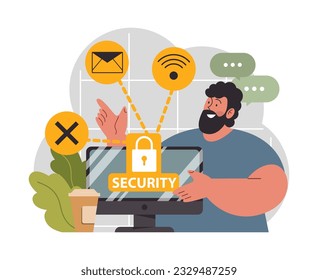 Cyber or web security set. Artificial intelligence provide data protection and database safety of a digital device. Protection of the internet access, cyber attack prevention. Flat vector illustration
