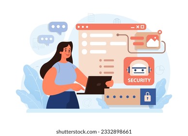 Cyber or web security set. Artificial intelligence provide data protection and database safety of a digital device. Protection of the internet access, cyber attack prevention. Flat vector illustration