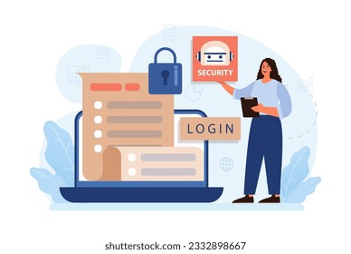 Cyber or web security set. Artificial intelligence provide data protection and database safety of a digital device. Protection of the internet access, cyber attack prevention. Flat vector illustration