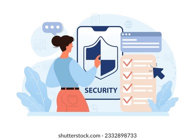 Cyber or web security set. Artificial intelligence provide data protection and database safety of a digital device. Protection of the internet access, cyber attack prevention. Flat vector illustration