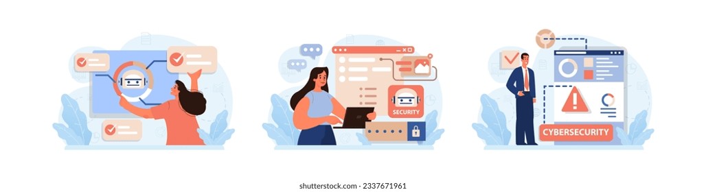 Cyber or web security set. Artificial intelligence provide data protection and database safety of a digital device. Protection of the internet access, cyber attack prevention. Flat vector illustration