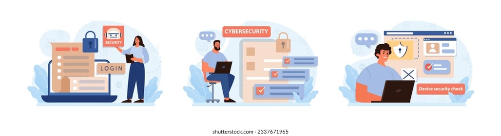 Equipo de seguridad cibernética o web. La inteligencia artificial proporciona protección de datos y seguridad de bases de datos de un dispositivo digital. Protección del acceso a internet, prevención de ciberataques. Ilustración vectorial plana