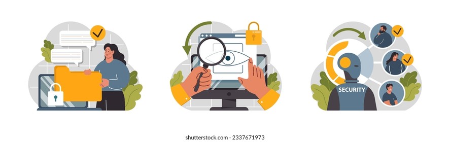 Cyber or web security set. Artificial intelligence provide data protection and database safety of a digital device. Protection of the internet access, cyber attack prevention. Flat vector illustration