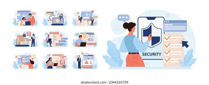 Cyber or web security set. Artificial intelligence provide data protection and database safety of a digital device. Protection of the internet access, cyber attack prevention. Flat vector illustration