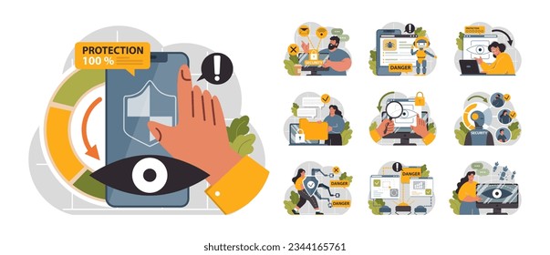 Cyber or web security set. Artificial intelligence provide data protection and database safety of a digital device. Protection of the internet access, cyber attack prevention. Flat vector illustration