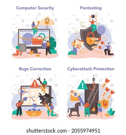 Cyber or web security set. Digital data protection and database safety. Bugs correction, pentesting and cyberattack prevention. Protection of an information in the internet. Flat vector illustration