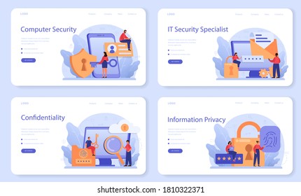 Cyber or web security specialist web banner or landing page set. Idea of digital data protection and safety. Modern technology and virtual crime. Protection in internet. Flat vector illustration