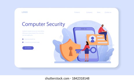 Cyber or web security specialist web banner or landing page. Idea of digital data protection and safety. Modern technology and virtual crime. Protection in internet. Flat vector illustration