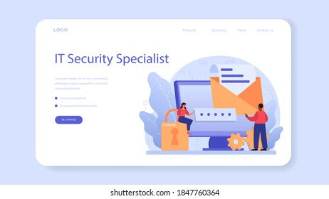 Cyber or web security specialist web banner or landing page. Idea of digital data protection and safety. Modern technology and virtual crime. Protection in internet. Flat vector illustration