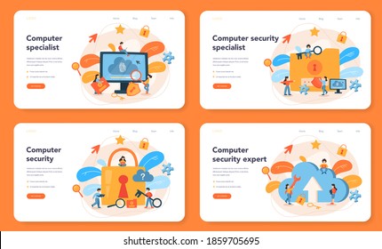Cyber or web security specialist web banner or landing page set. Idea of digital data protection and safety. Protection information in internet. Flat vector illustration