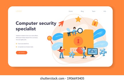Cyber or web security specialist web banner or landing page. Idea of digital data protection and safety. Protection information in internet. Flat vector illustration