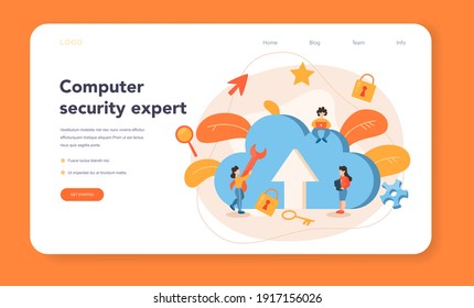 Cyber or web security specialist web banner or landing page. Idea of digital data protection and safety. Protection information in internet. Flat vector illustration
