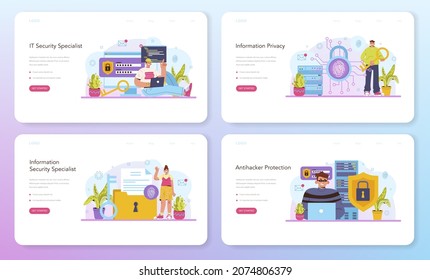 Cyber or web security specialist web banner or landing page set. Digital data and database safety. Protection of an information in the internet, cyberattack prevention. Flat vector illustration