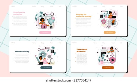 Cyber or web security specialist web banner or landing page set. Digital data protection and database safety. Cyberattack prevention. Flat vector illustration