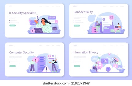 Cyber or web security specialist web banner or landing page set. Digital data safety. Protection of an information, cyberattack prevention or preventing data leak. Flat vector illustration