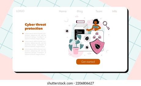 Cyber or web security specialist web banner or landing page. Digital data protection and database safety. Cyberattack prevention. Flat vector illustration