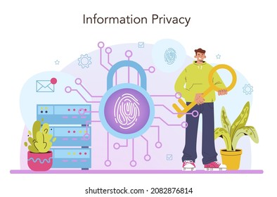 Cyber or web security specialist. Digital data protection and database safety. Protection of an information in the internet, cyberattack prevention. Flat vector illustration