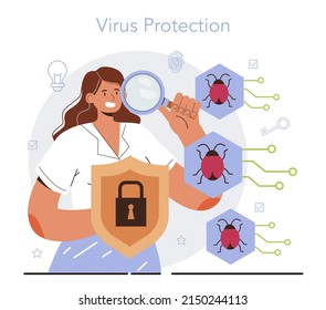 Especialista en seguridad cibernética o web. Protección digital de datos y seguridad de bases de datos. Protección de información en internet, prevención de ciberataques. Ilustración vectorial plana