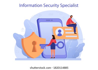 Cyber or web security specialist. Idea of digital data protection and safety. Modern technology and virtual crime. Protection information in internet. Flat vector illustration