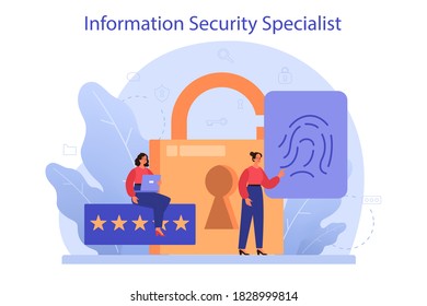 Cyber or web security specialist. Idea of digital data protection and safety. Modern technology and virtual crime. Protection information in internet. Flat vector illustration