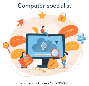Cyber or web security specialist. Idea of digital data protection and safety. Modern technology and virtual crime. Protection information in internet. Flat vector illustration