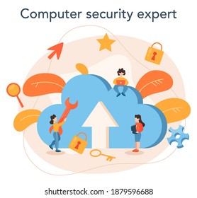Cyber or web security specialist. Idea of digital data protection and safety. Modern technology and virtual crime. Protection information in internet. Flat vector illustration
