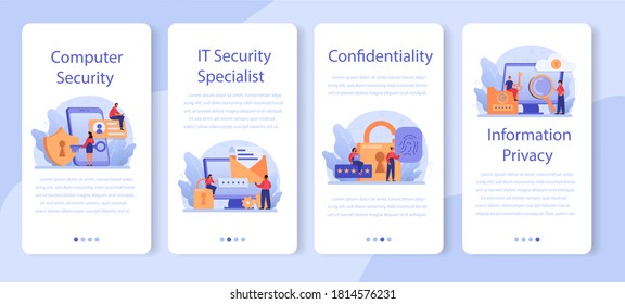 Juego de banners para aplicaciones móviles de especialistas en seguridad cibernética o web. Idea de protección y seguridad de datos digitales. Tecnología moderna y crimen virtual. Protección en internet. Ilustración vectorial plana