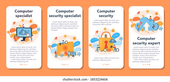 Cyber or web security specialist mobile application banner set. Idea of digital data protection and safety. Protection information in internet. Flat vector illustration
