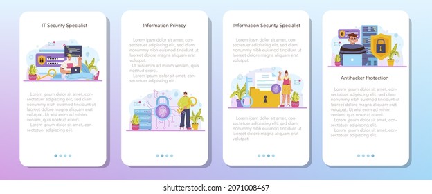 Cyber or web security specialist mobile application banner set. Digital data and database safety. Protection of an information in the internet, cyberattack prevention. Flat vector illustration