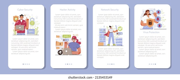 Cyber or web security specialist mobile application banner set. Digital data protection and database safety. Cyberattack prevention. Flat vector illustration