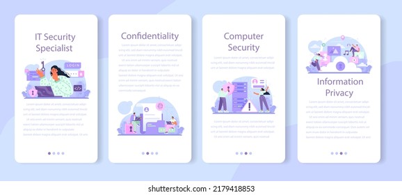 Cyber or web security specialist mobile application banner set. Digital data safety. Protection of an information, cyberattack prevention or preventing data leak. Flat vector illustration