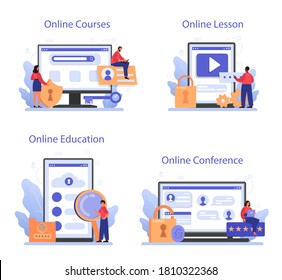 Servicio en línea o conjunto de plataformas de especialistas en seguridad cibernética o web. Idea de protección y seguridad de datos digitales. Curso en línea, conferencia, lección, educación. Ilustración vectorial plana