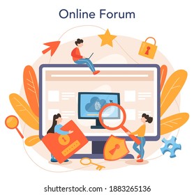 Cyber or web security specialist online service or platform. Idea of digital data protection and safety. Online forum. Flat vector illustration