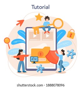 Servicio o plataforma online de especialistas en seguridad cibernética o web. Idea de protección y seguridad de datos digitales. Tutorial en línea. Ilustración vectorial plana