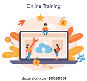 Cyber Or Web Security Specialist Online Service Or Platform. Idea Of Digital Data Protection And Safety. Online Training. Flat Vector Illustration