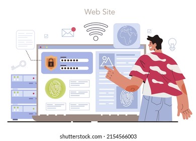 Servicio o plataforma online de especialistas en seguridad cibernética o web. Protección digital de datos. Prevención de ciberataques. Sitio web. Ilustración vectorial plana
